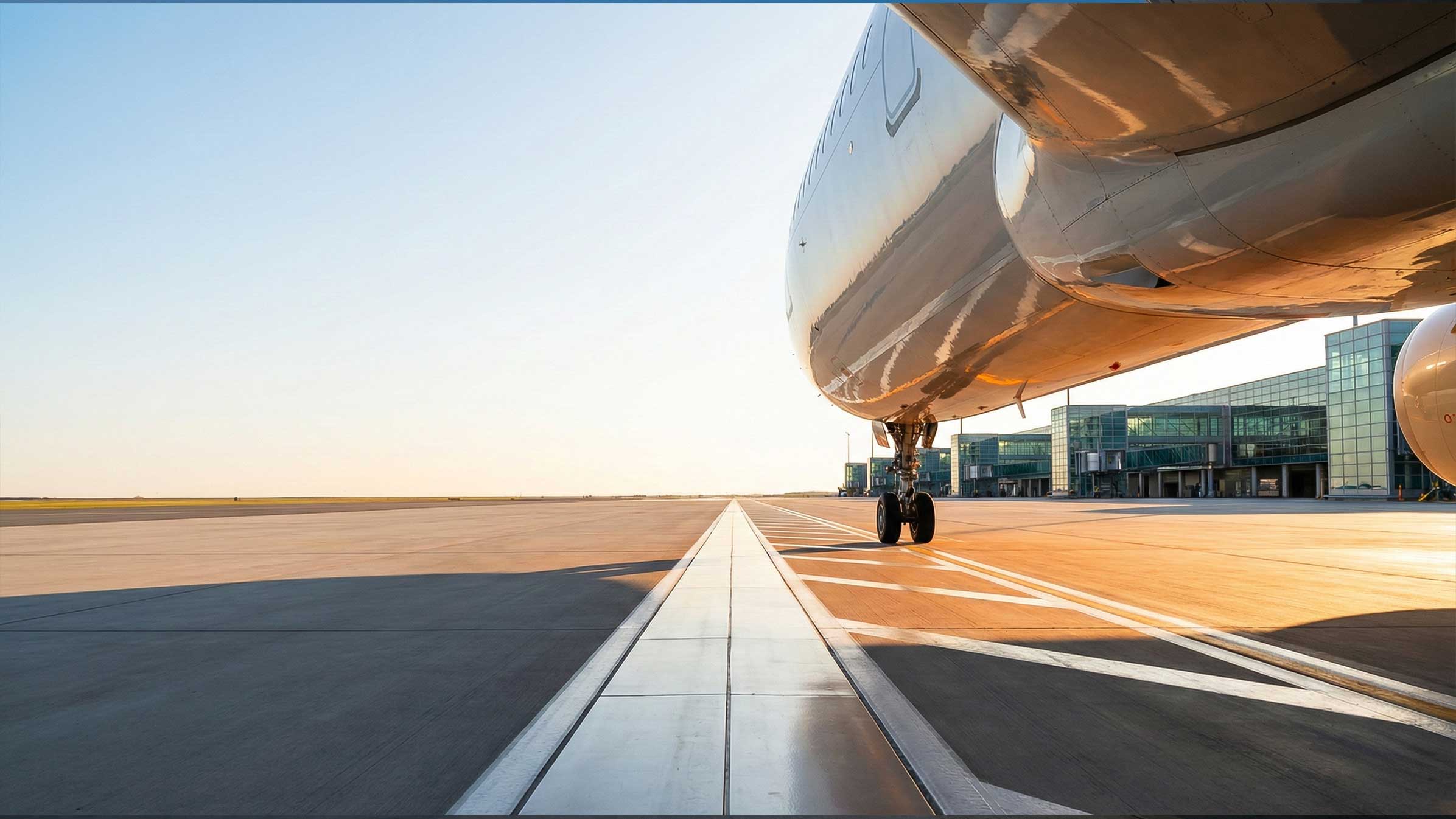 Business aircraft parked beside a hangar on a sunlit apron.